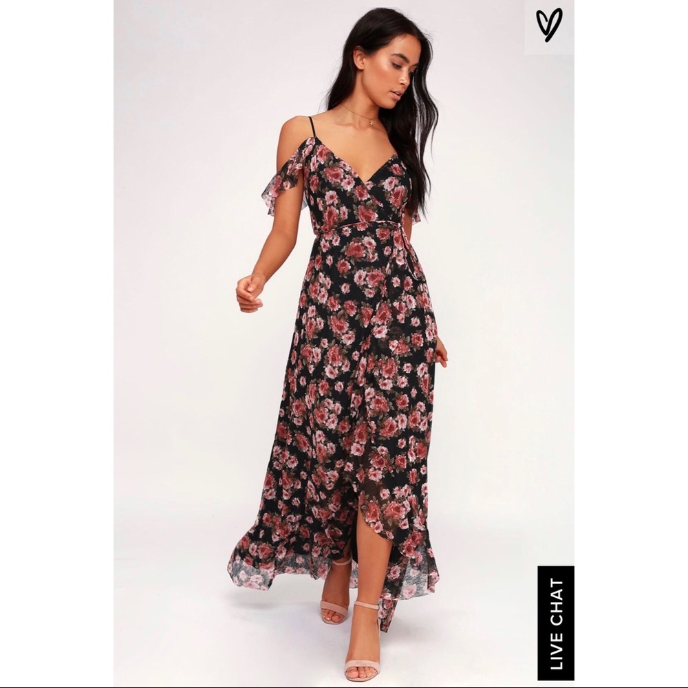 BLACK FLORAL OFF-THE-SHOULDER WRAP MAXI DRESS